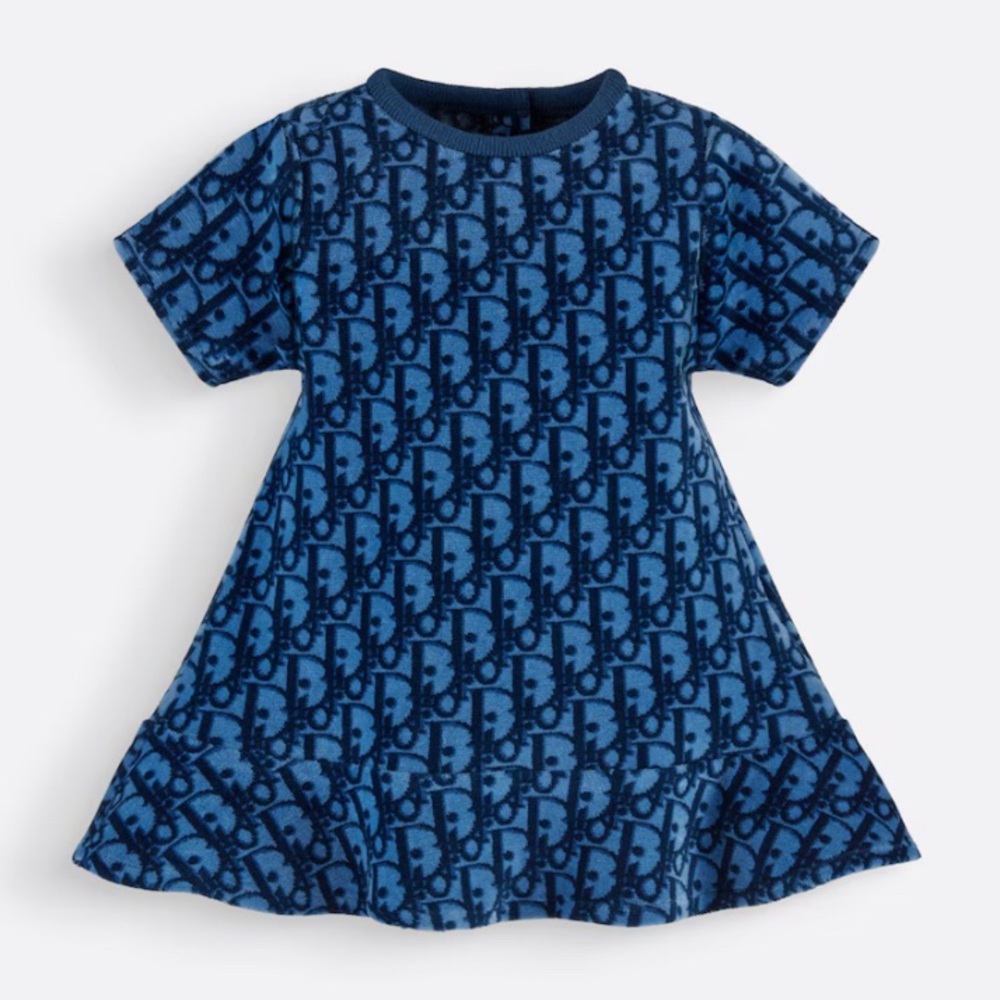 Dior, A-Line Velvet Jacquard Logo  BabyDress, Blue, size 9 months